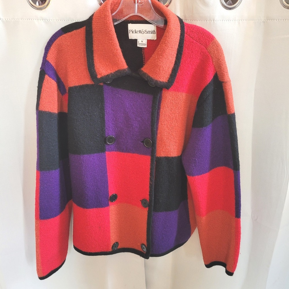 Vtg Pickett Smith Cardigan 80s Sweater Wool Medium Colorblock Geometric 21643